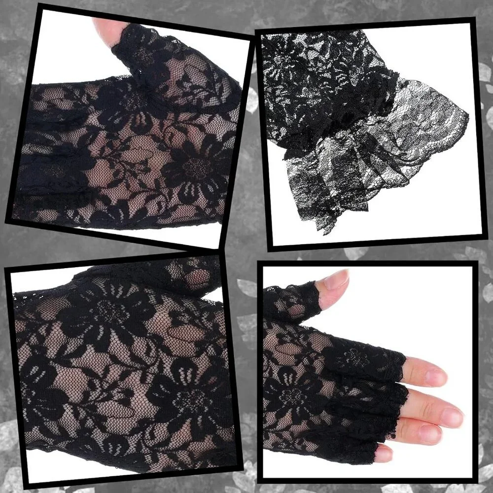 Women's Evening Black Gloves Fingerless Floral Short Lace Party Prom Design